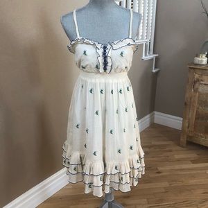 Adorable Cream Navy Floral Embroidered Sun Dress